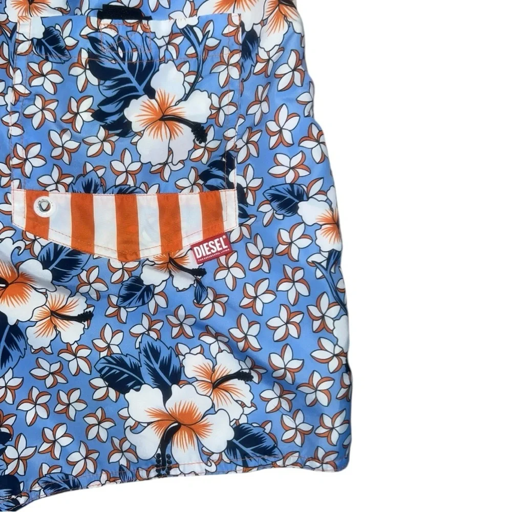 Diesel Men’s XL Floral Hibiscus Swim Trunks‎ Blue Orange XX Patch Y2K